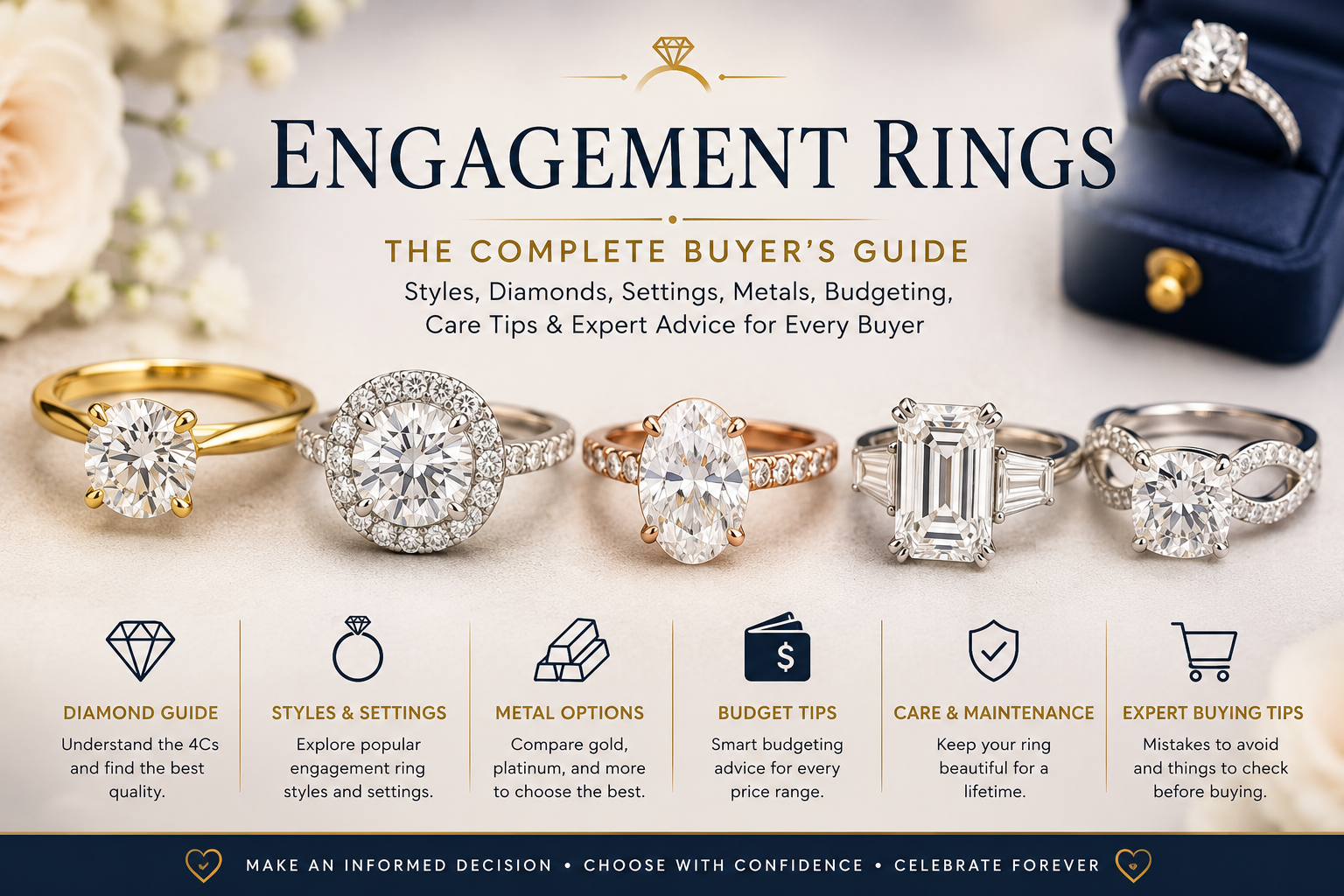 Elegant engagement rings featuring diamond solitaire, halo, and platinum settings.