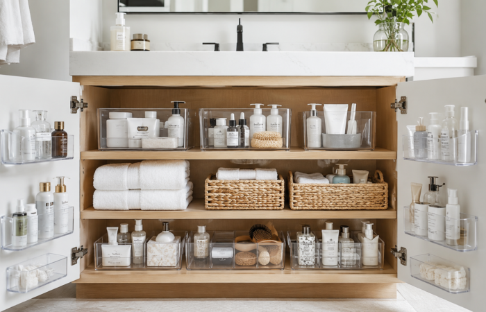 how to organize bathroom cabinet